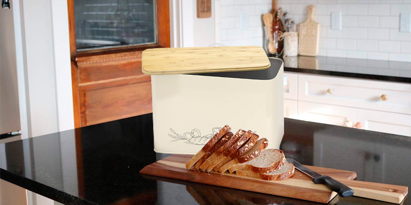 Cooler Kitchen Extra Large Vertical Bread Box With Eco Bamboo Cutting Board Lid in the use - Bestadvisor